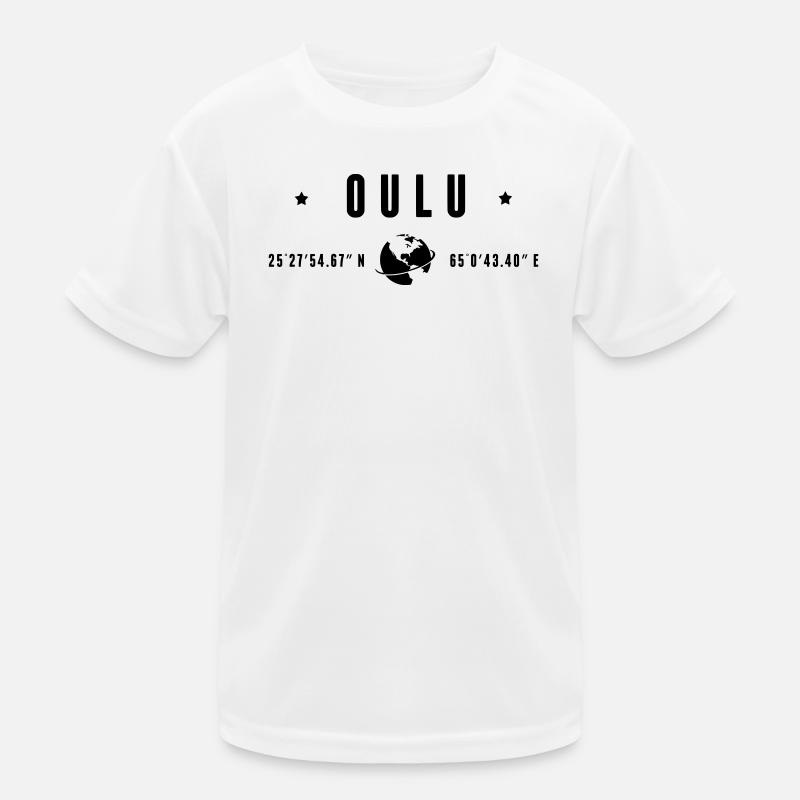 Oulu GPS-Koordinaten Schwarze Typografie Kinder Funktions-T-Shirt