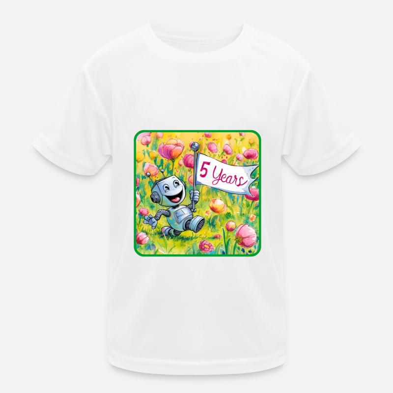 5 years, 5th birthday robot on flower meadow Kids Functional T-Shirt
