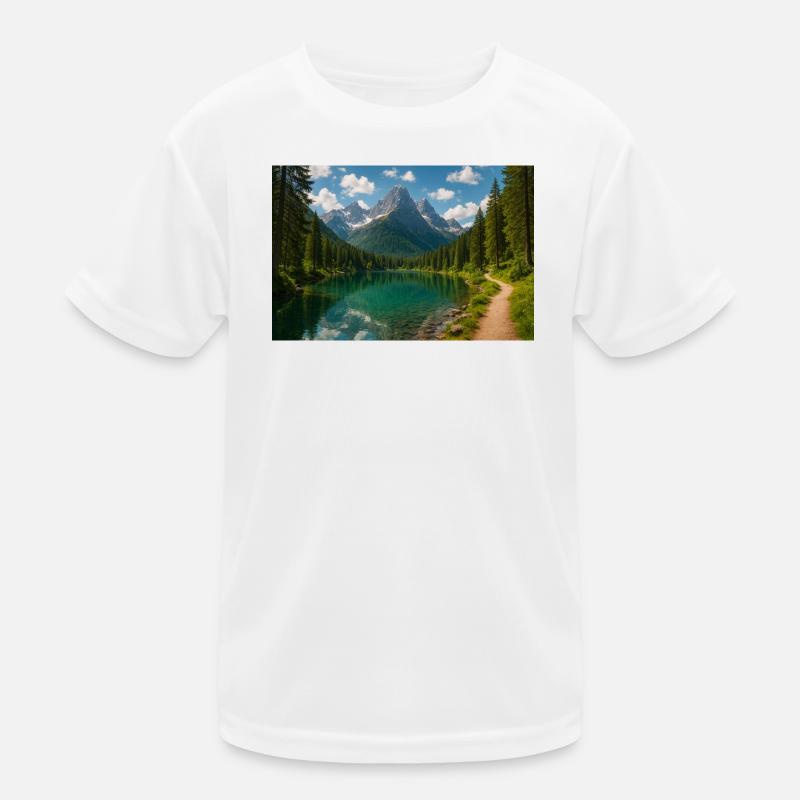 Mountain lake path in the forest Kids Functional T-Shirt