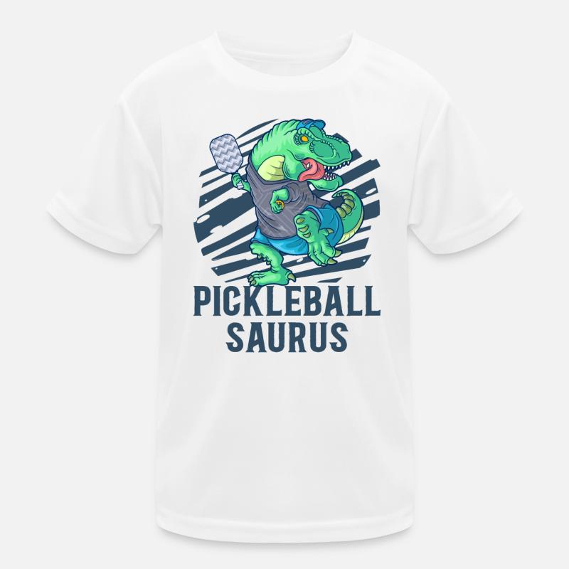 Pickleball Saurus T Rex Dinosaur Pickleball Paddle Kids Functional T-Shirt