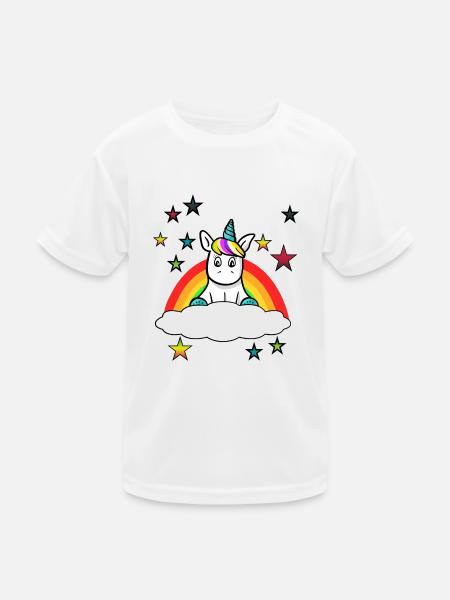 süsses Einhorn auf einer Wolke mit Regenbogen - Kinder Funktions-T-Shirt - Weiß