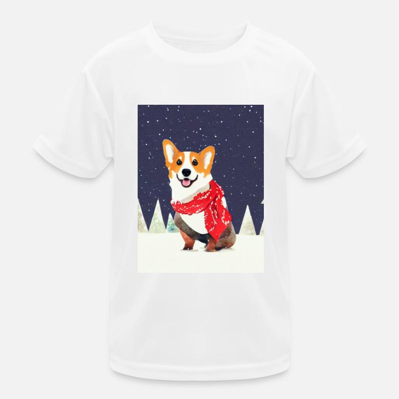 Corgi with Red-White Christmas Scarf Kids Functional T-Shirt