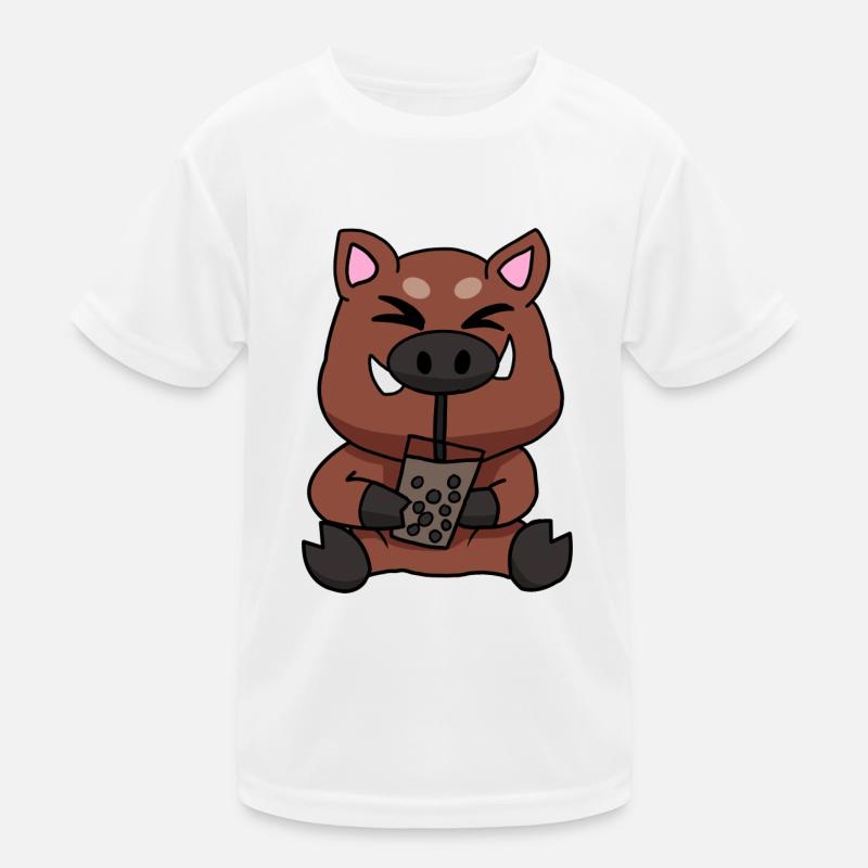 Bubble Tea Drinking Wild Boar Anime Kawaii Kids Functional T-Shirt