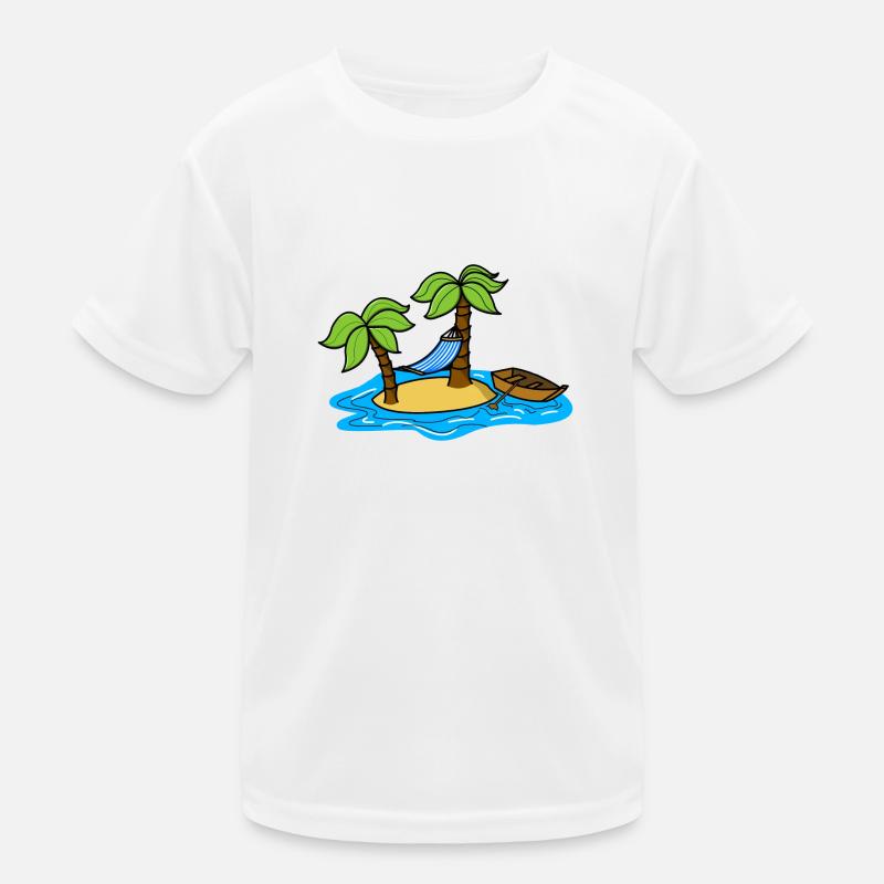 Insel mit Palmen, einer Hängematte und einem Boot Kinder Funktions-T-Shirt