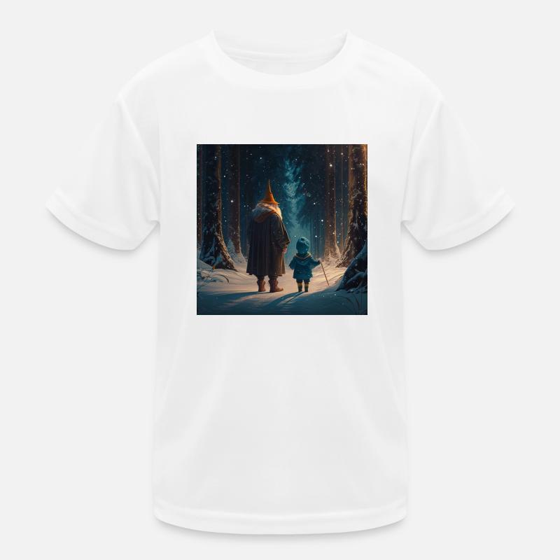 Kind mit Zauberer im Verschneiten Wald Kinder Funktions-T-Shirt
