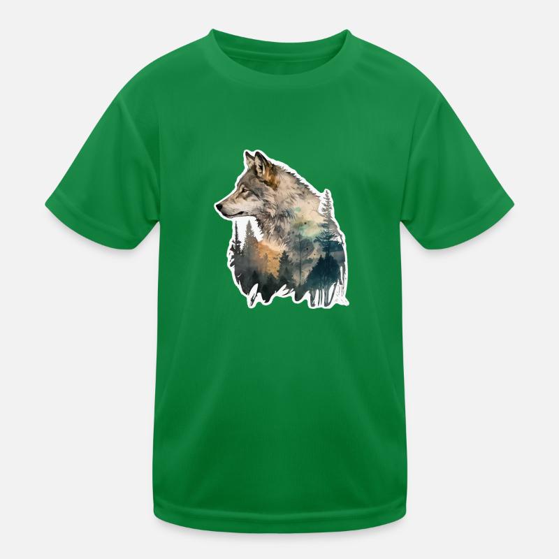 Wolf Bäume Landschaft Aquarell Kinder Funktions-T-Shirt
