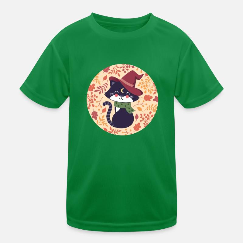 schwarze Katze mit Herbstmuster Kinder Funktions-T-Shirt