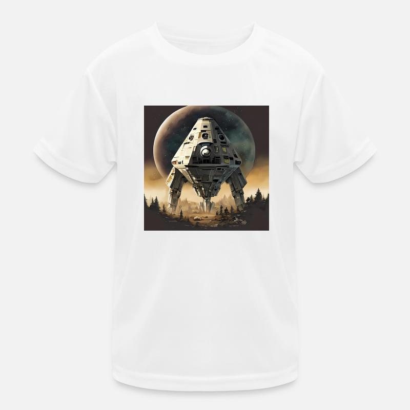 Futuristic space ship landing in forest Kids Functional T-Shirt