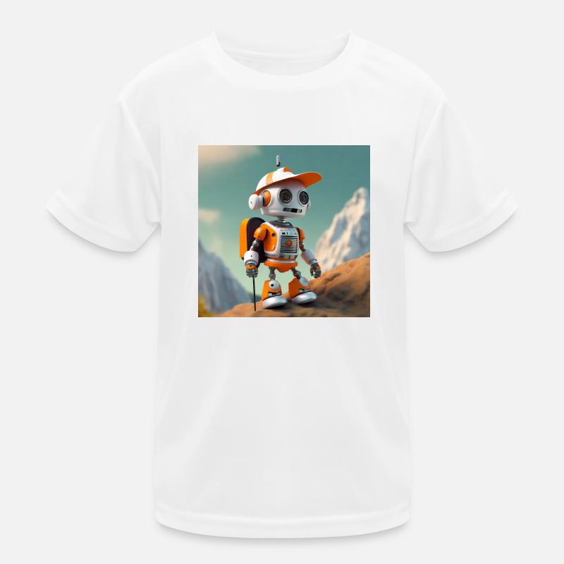 cute little orange robot is rockclimbing Kids Functional T-Shirt