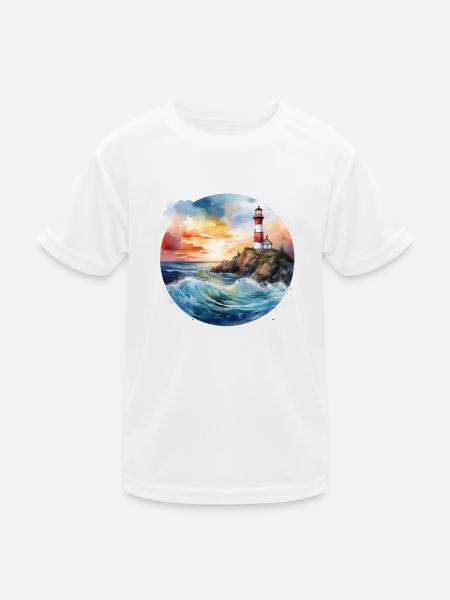 Majestätischer Leuchtturm bei Sonnenuntergang mit tosenden Wellen - Kinder Funktions-T-Shirt - Weiß