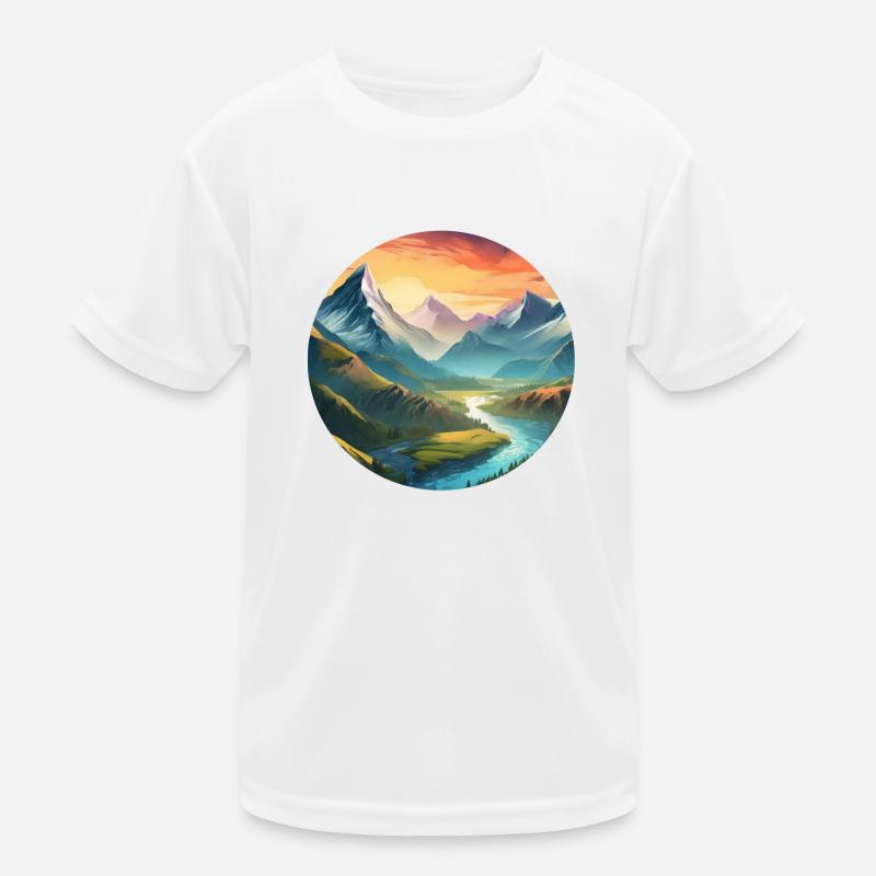 Mountain Landscape with Meadows, River, Sunset Kids Functional T-Shirt