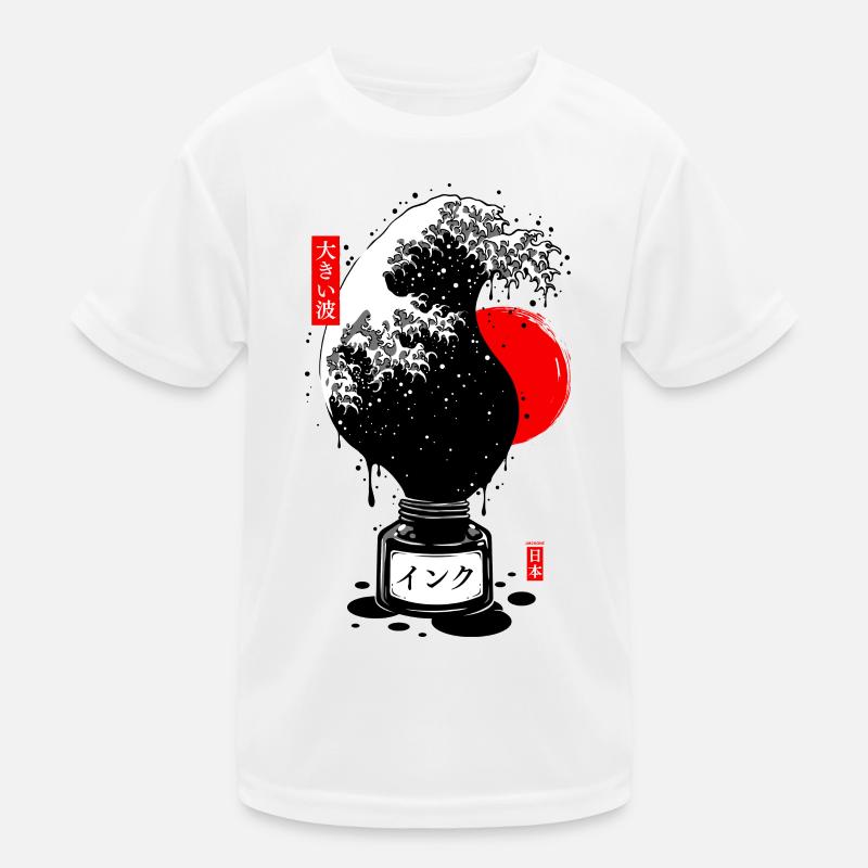 Black Japanese Wave Ink Kids Functional T-Shirt