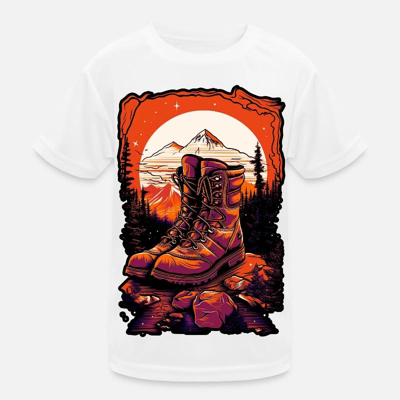 Wanderschuhe, Camping, flacher Farbhintergrund, Kinder Funktions-T-Shirt