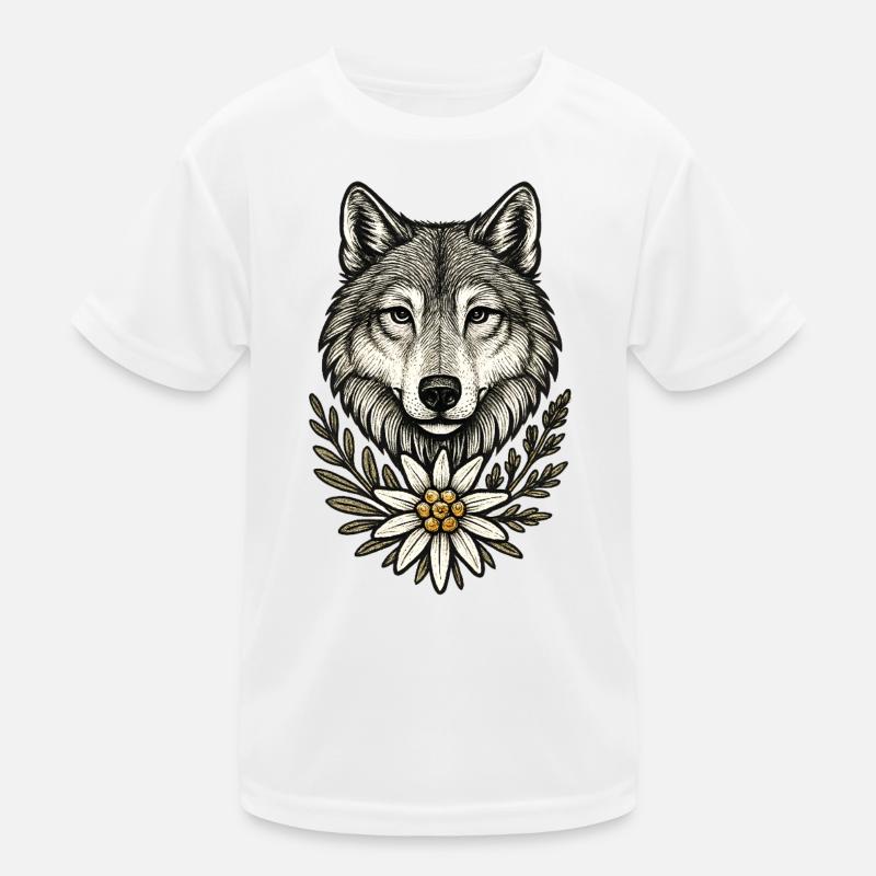 Wolfkopf mit Blumenkranz Kinder Funktions-T-Shirt