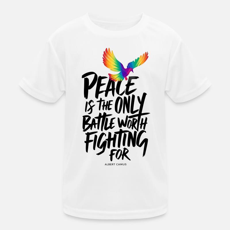 Fiery Rainbow Dove with Peace Text Kids Functional T-Shirt