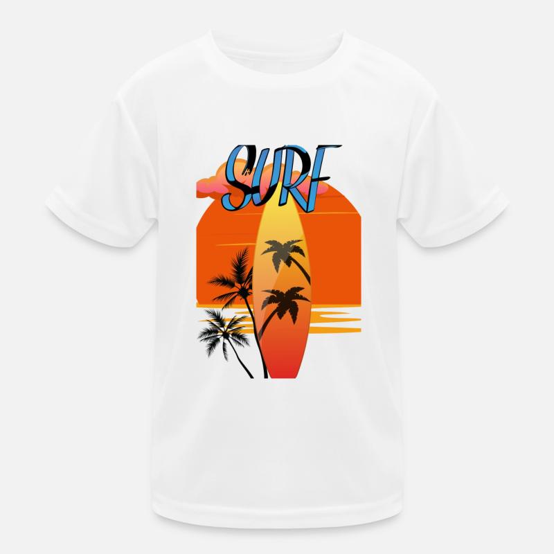 Surfboard with Sunset Red - Palm Trees Kids Functional T-Shirt