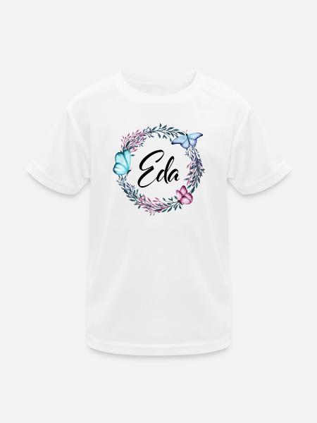 Eda, Name, Schriftzug, Blumenkranz, Geschenk - Kinder Funktions-T-Shirt - Weiß