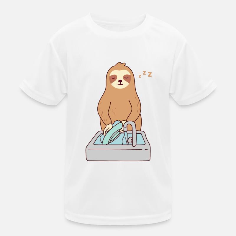 Cute Sloth Dishwashing Sleeping Tired Lazy Kids Functional T-Shirt