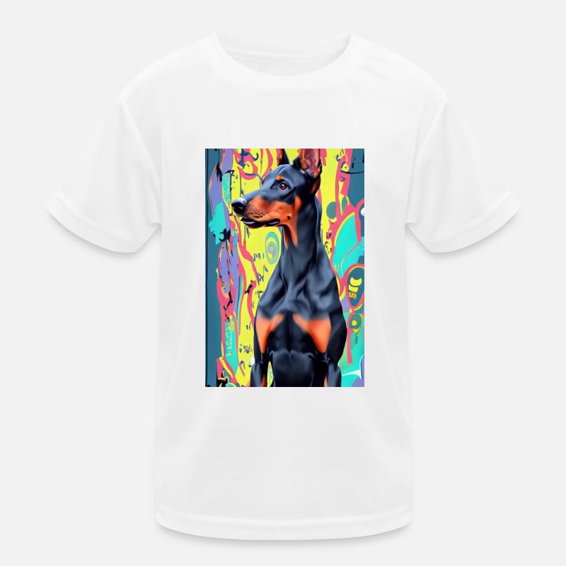Doberman devant un fond coloré, pop art moderne T-shirt sport Enfant