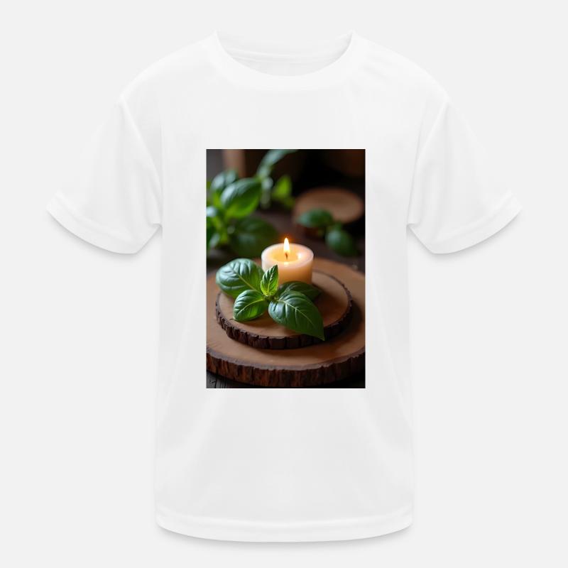 Burning candle with basil on rustic wood Kids Functional T-Shirt