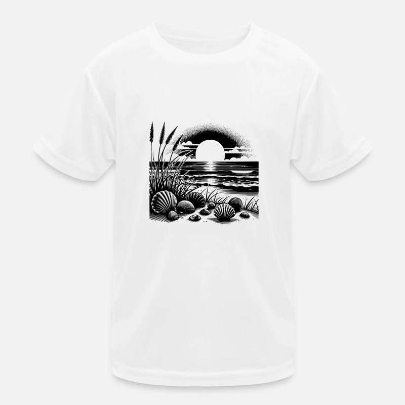 Shells and grass beach motif with sunset Kids Functional T-Shirt