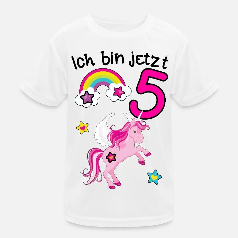 Ich bin jetzt 5 Geburtstags-Einhorn mit Regenbogen Kinder Funktions-T-Shirt