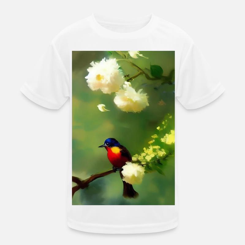 Vogel auf Ast mit Blumen Blüten Kinder Funktions-T-Shirt