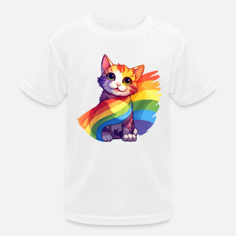 Pride Cat - Chat arc-en-ciel coloré avec drapeau - T-shirt sport Enfant - blanc