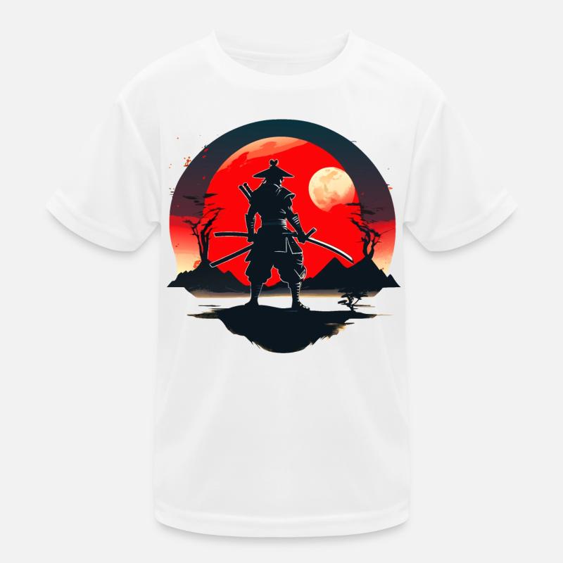 Samurai-Silhouette mit rotem Mondhintergrund Kinder Funktions-T-Shirt