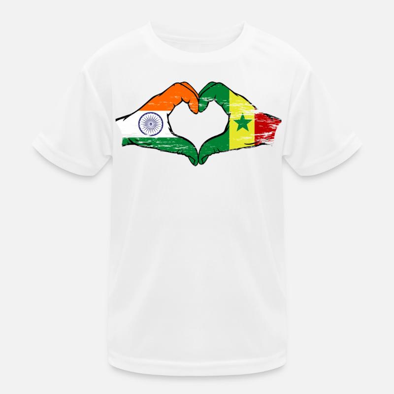 Inde Sénégal Drapeau Mains Coeur Forme Utilisé T-shirt sport Enfant