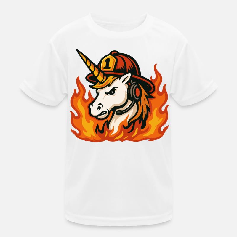 Flammender Einhorn-Feuerwehrmann Kinder Funktions-T-Shirt