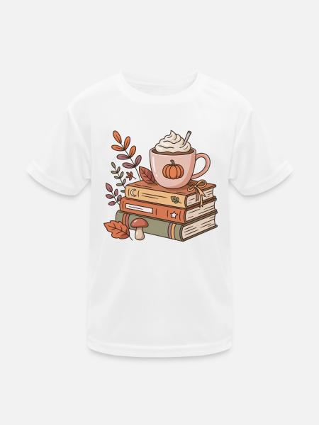 Herbstkaffee auf Bücherstapel - Kinder Funktions-T-Shirt - Weiß