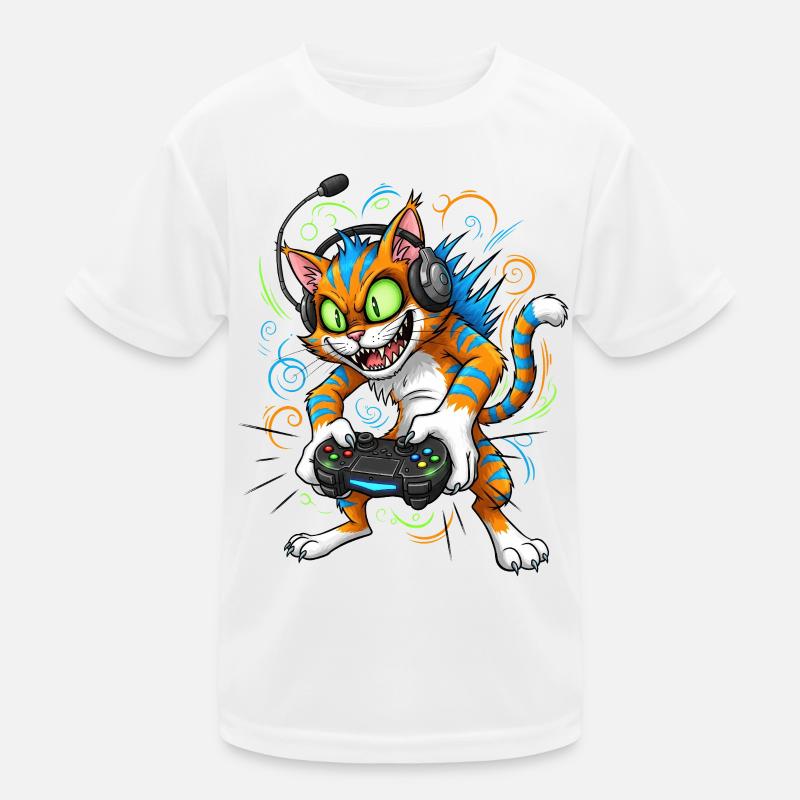 Neon Gaming Katze mit Controller Gamer Kater Kinder Funktions-T-Shirt