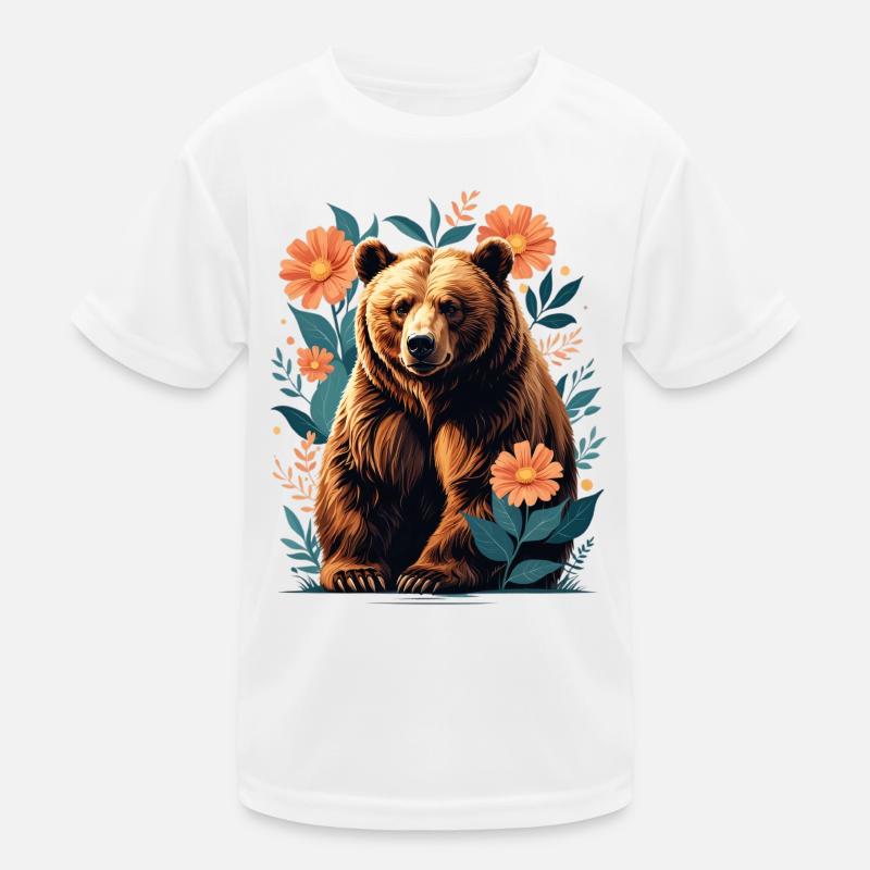Brown bear in a flower frame Kids Functional T-Shirt