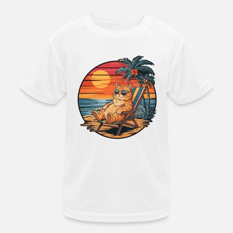 Funny Cat on Beach Summer Vacation Sunset Kids Functional T-Shirt