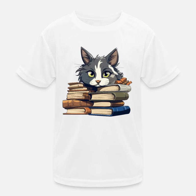 Book Stack Cat Bibliophile Kids Functional T-Shirt