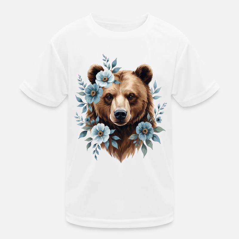 Bear with blue flower frame Kids Functional T-Shirt