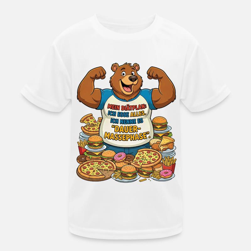 Dauer-Massephase: Bär mit Pizza - Kinder Funktions-T-Shirt - Weiß