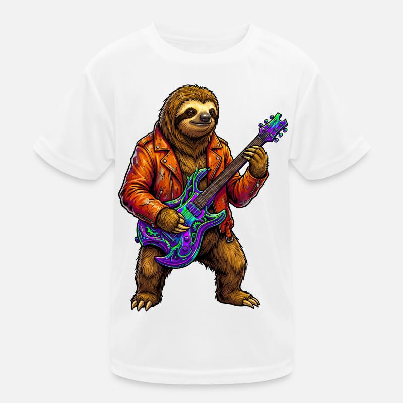 Faultier in Lederjacke mit Neon E-Gitarre - Kinder Funktions-T-Shirt - Weiß