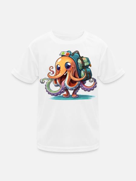 Oktopus Entdecker mit Rucksack - Kinder Funktions-T-Shirt - Weiß