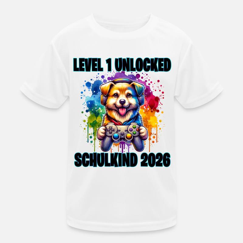 Schulkind 2026 Level 1 Unlocked Gaming Hund Kinder Funktions-T-Shirt