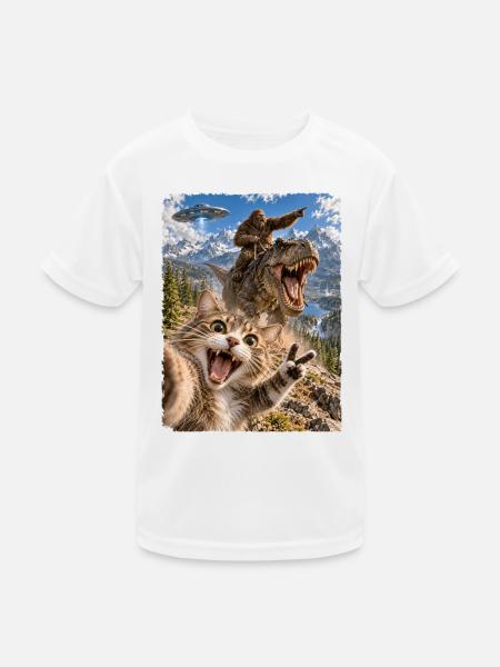 Lustiges Katze Selfie mit Bigfoot, T-Rex, UFO - Kinder Funktions-T-Shirt - Weiß - Vorne