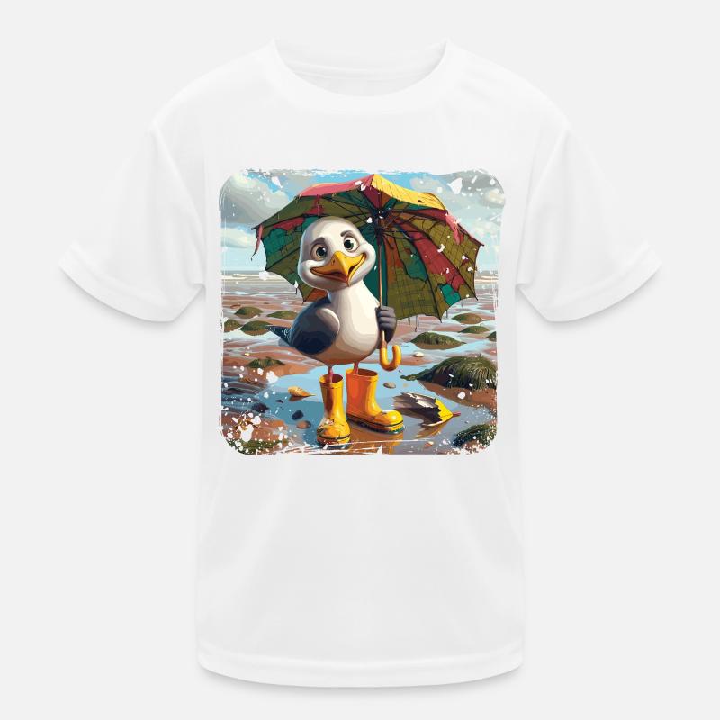 Cheerful seagull with rubber boots and umbrella Kids Functional T-Shirt