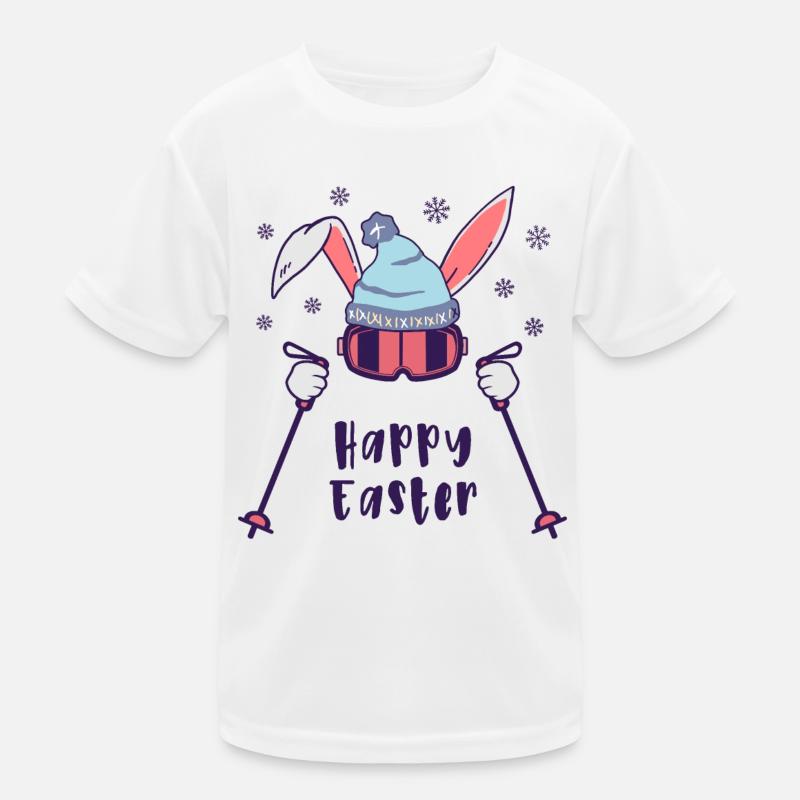 Happy Easter from Skiing Rabbit with ski poles - Kids Functional T-Shirt - white