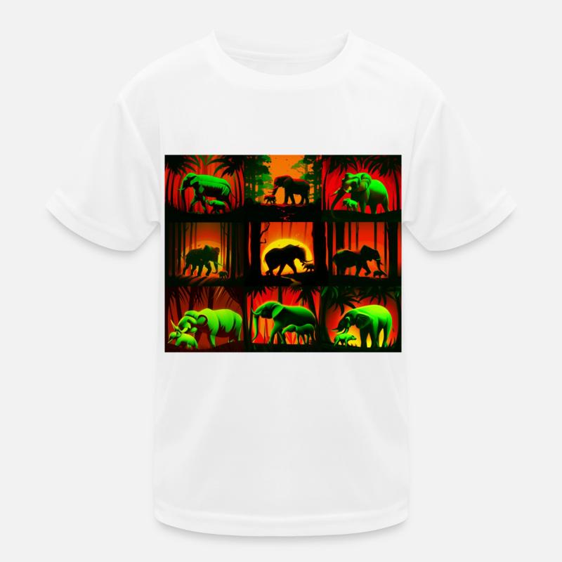 Elephants Pattern Design - Red/Green Kids Functional T-Shirt