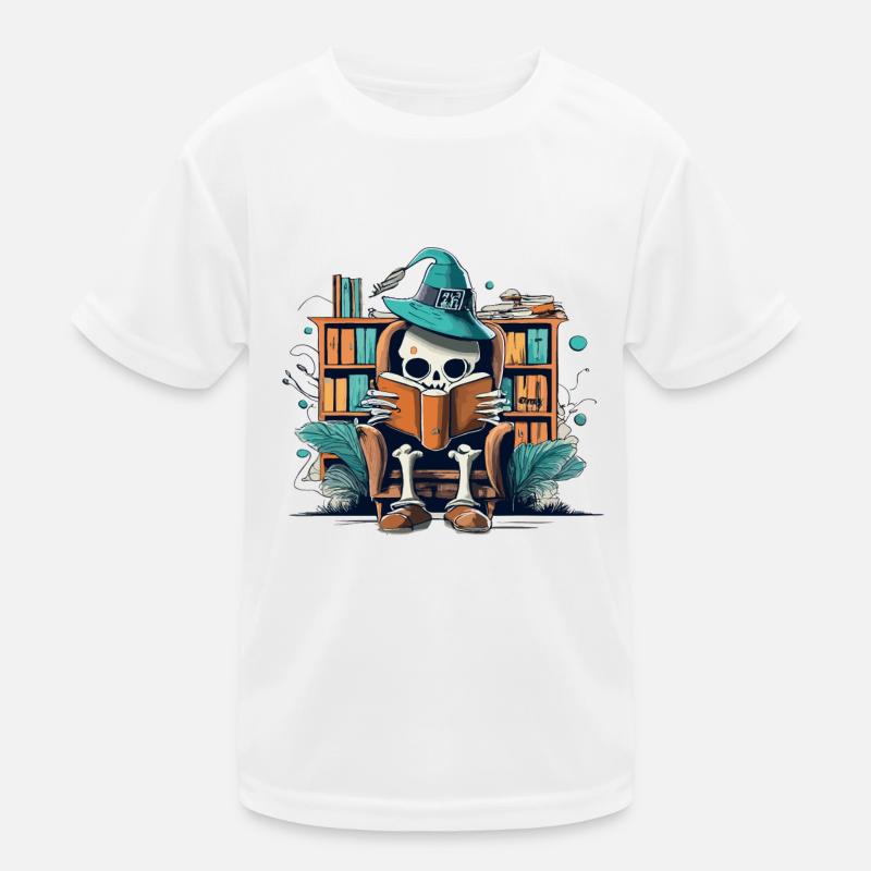 Halloween Skeleton Reading a Book - Kids Functional T-Shirt - white