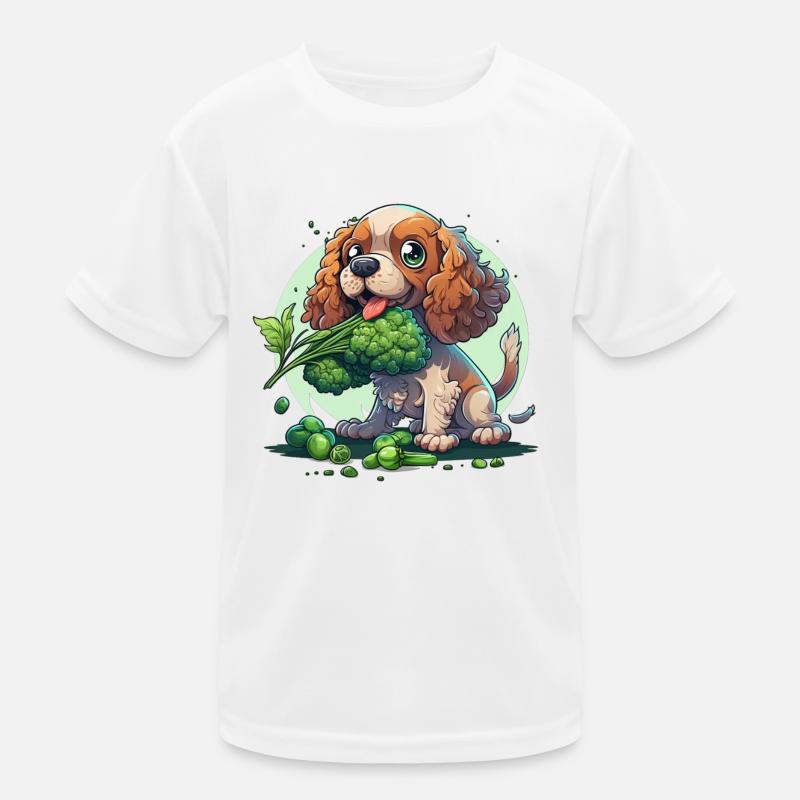 Cute dog Cocker Spaniel eats broccoli vegetables Kids Functional T-Shirt