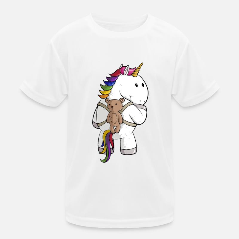 Comic Einhorn mit Rucksack - Kinder Funktions-T-Shirt - Weiß