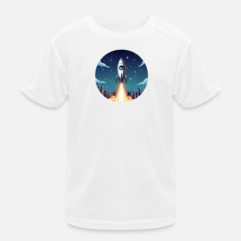 Lancement d’une fusée dans l’espace devant le ciel nocturne dans un style comique T-shirt sport Enfant