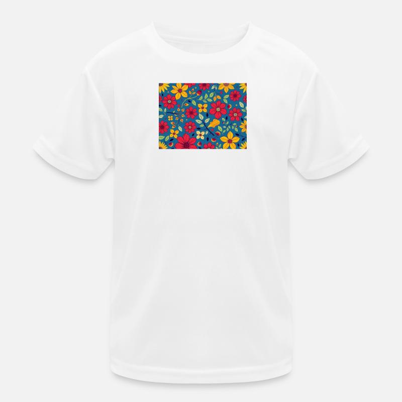 Floral pattern with red and yellow on blue Kids Functional T-Shirt